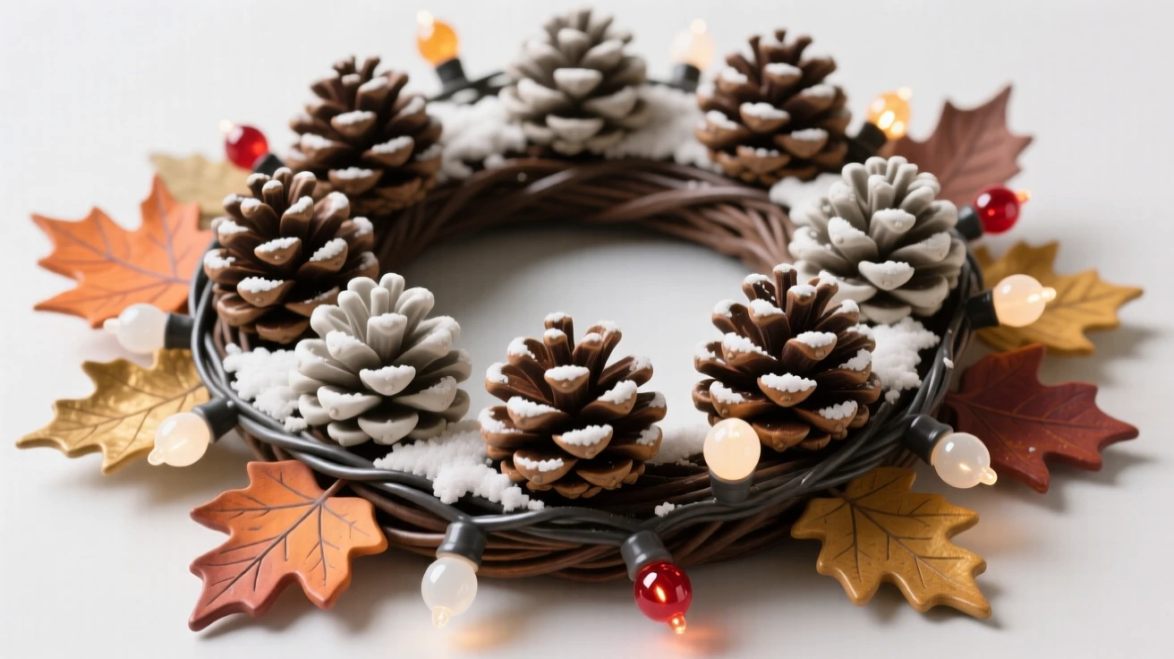 A snow-dusted pinecone wreath framed by twinkling holiday lights, framed by autumn leaves in warm hues, evoking festive joy and warm togetherness.