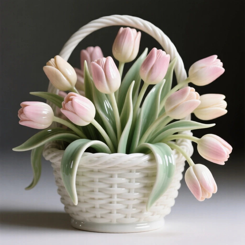 A lush arrangement of tulips in a woven basket, arranged in a graceful cascading style.