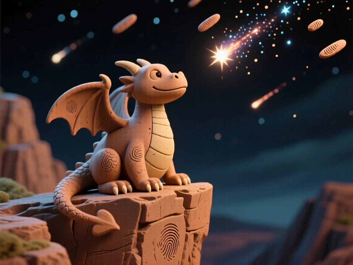 A dragon perched on a cliffside watching a meteor shower