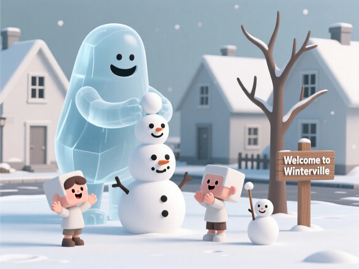 A towering ice monster gently builds a snowman alongside laughing children in a quiet winter village square.