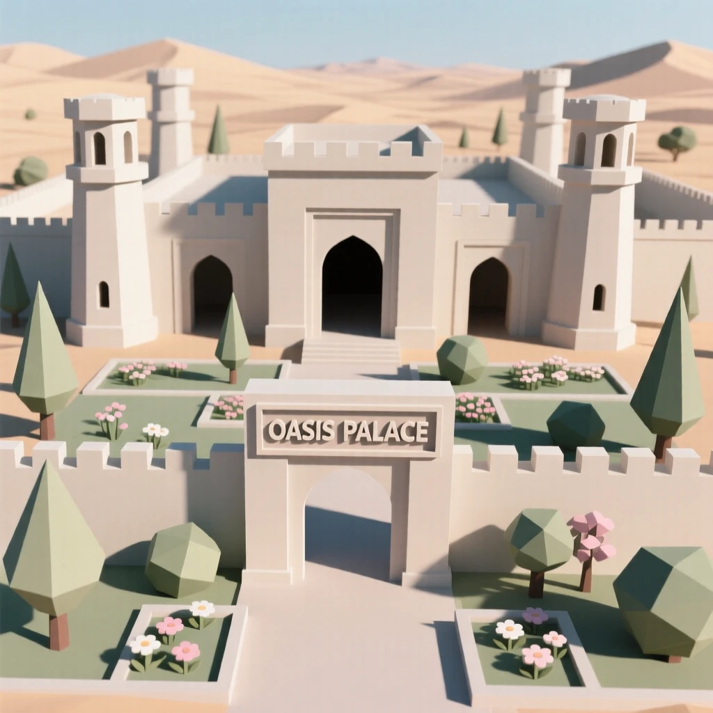 A vast desert palace with intricate carved archways, surrounded by blooming spring gardens. vibrant color accents contrast against neutral stone. It captures a feeling of quiet discovery.