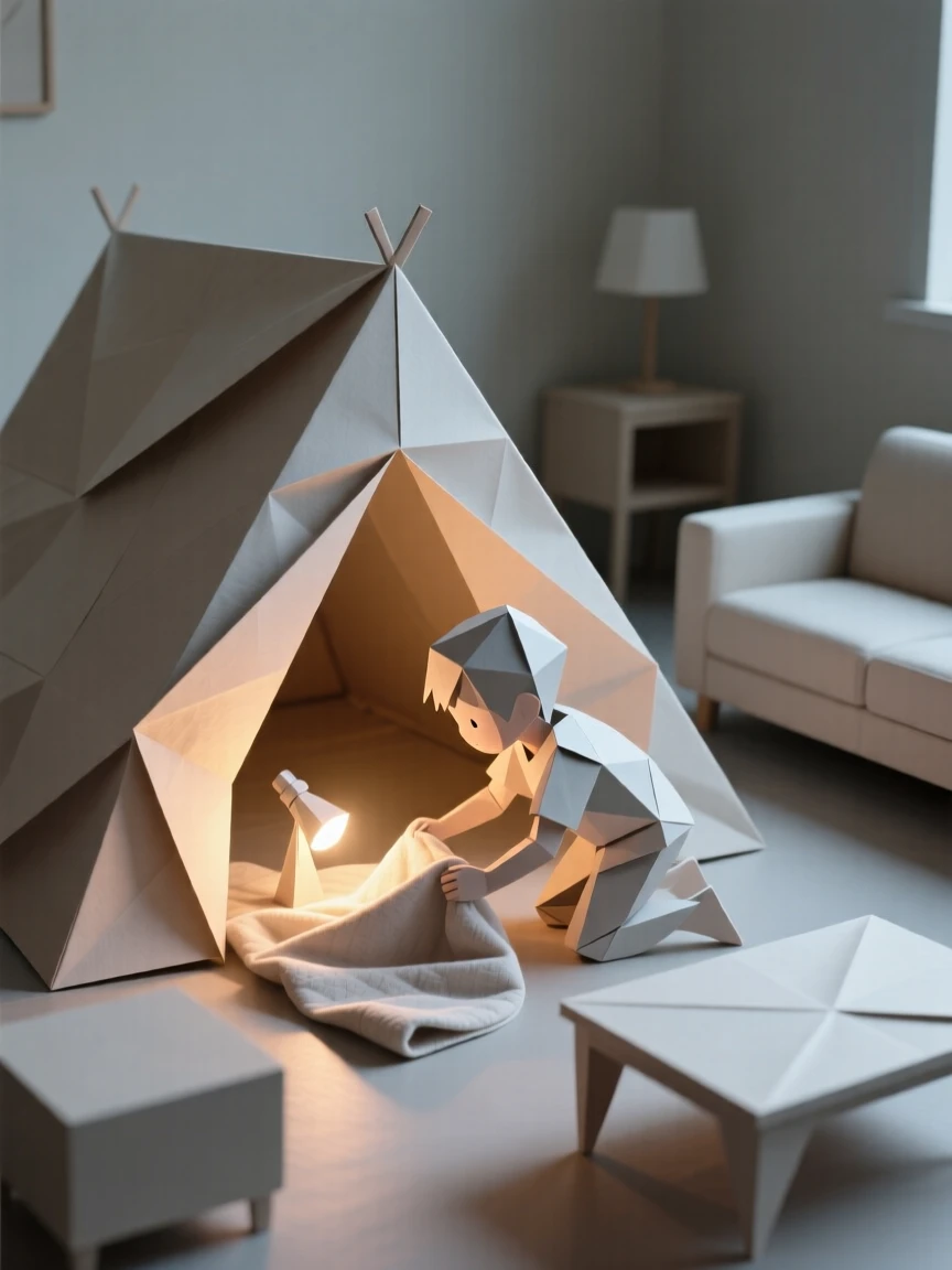 A child building a blanket fort in the living room, flashlight glowing from within.