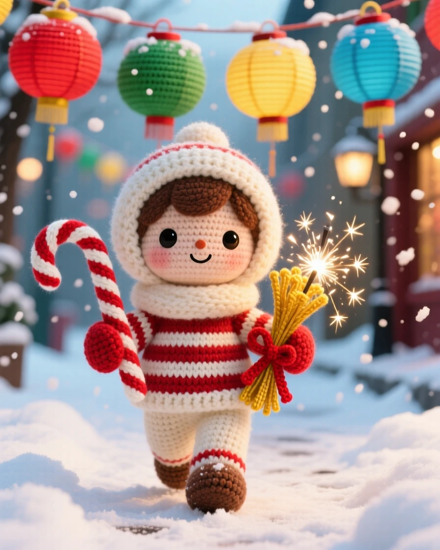 a small child holding a candy cane, with striped mittens, walking through a softly falling snow, set in a festival street strung with colorful paper lanterns, with a bundle of sparklers ready to light, full of playful delight in seasonal change.
