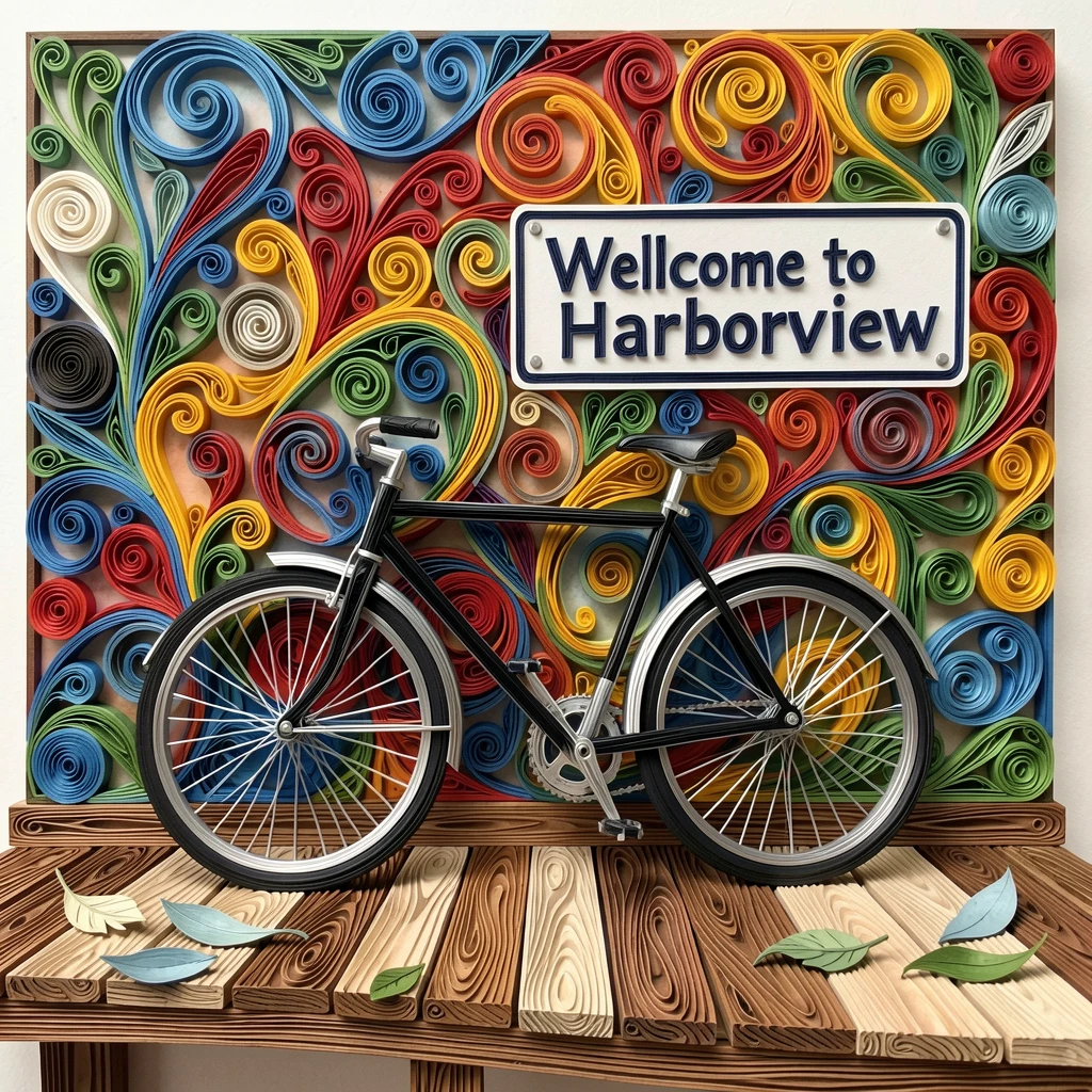 a stylish bicycle leaning against a colorful city mural, along a scenic coastal boardwalk, composed with clean modern lines and open space, with a light breeze catching loose fabric or leaves.