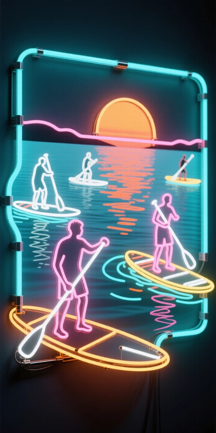 A group of stand-up paddleboarders crossing a calm bay at sunrise.