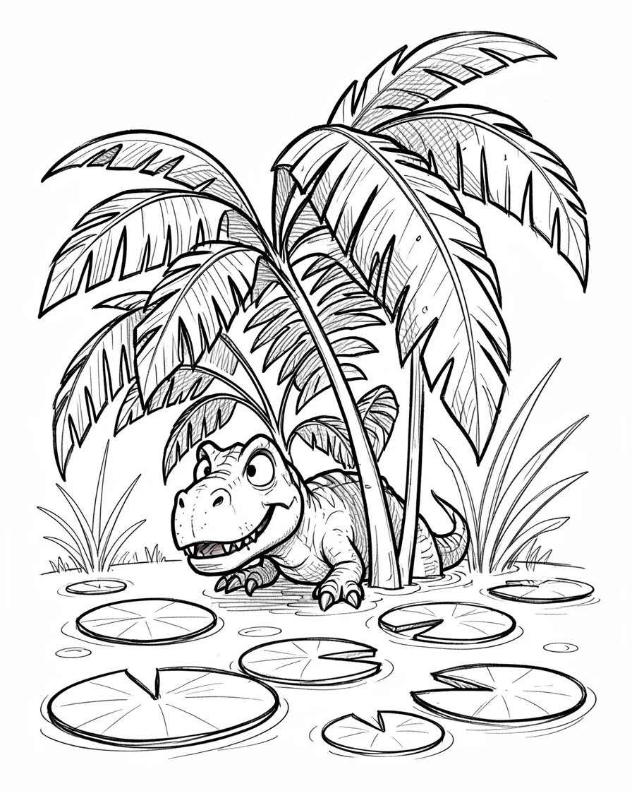 A dinosaur peeking out from behind a giant fern in a swamp filled with lily pads.