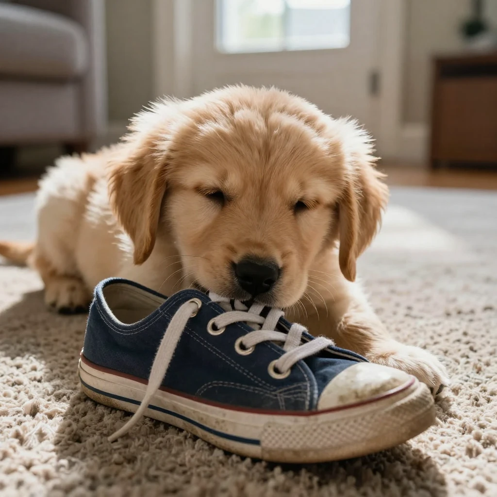 A puppy falls asleep mid-chew with a shoe still in its mouth.