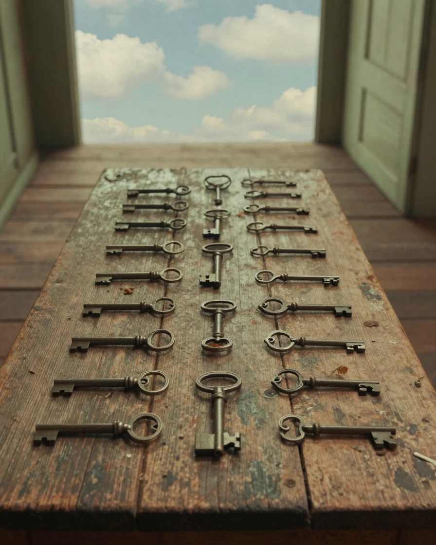 A collection of antique keys arranged on a weathered wooden table, under a pale winter sky, under scattered clouds, in late autumn, with muted olive and rust colors, framed symmetrically down a long corridor.