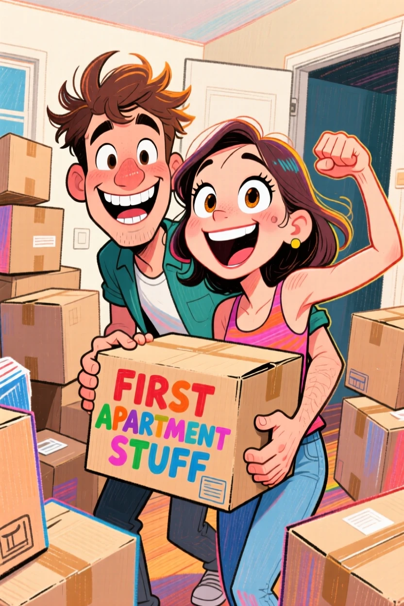A young couple moving boxes into their first apartment, both grinning despite the chaos.