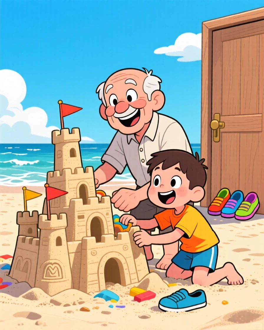 A heartwarming scene of a grandfather and his grandson building a sandcastle together at the beach, with everyone's shoes kicked off by the door.