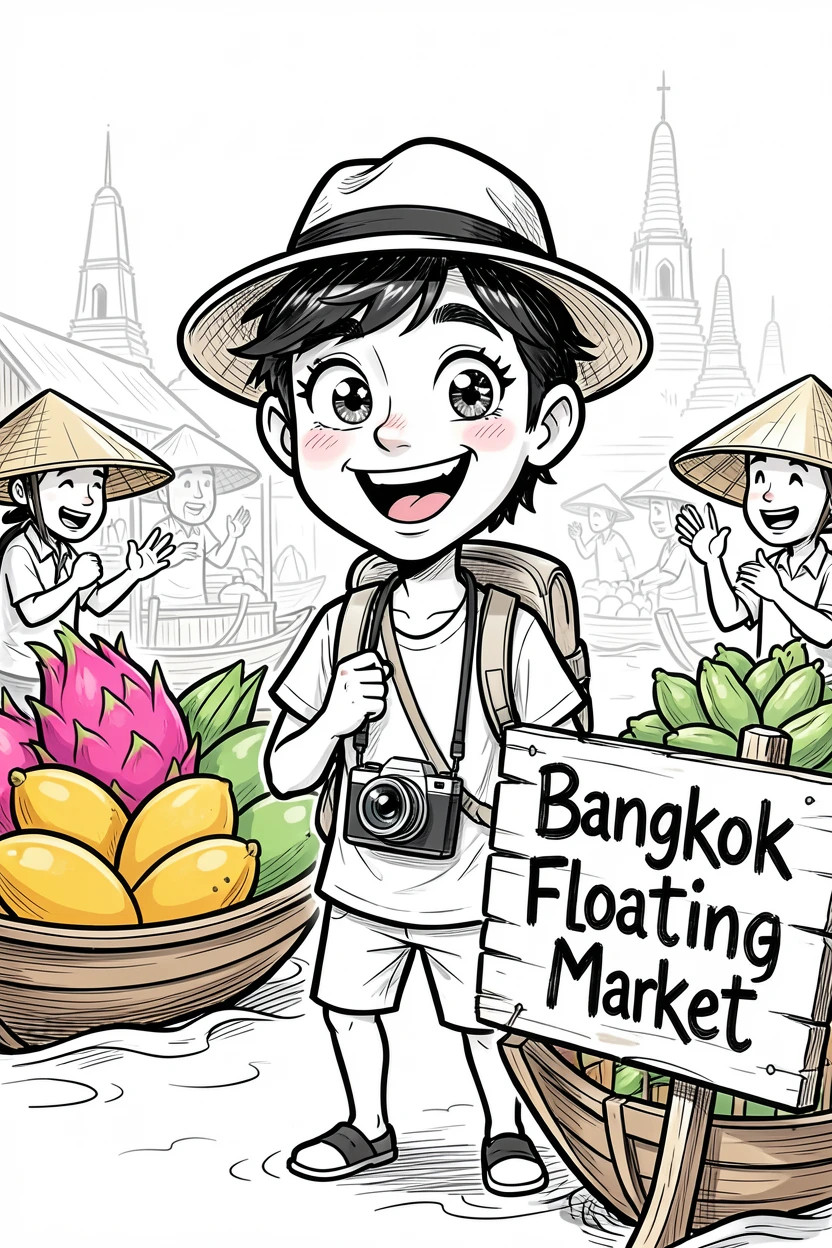 [Travel & Cultural Experiences] Vivid travel scene of a traveler exploring a vibrant floating market in Bangkok, full of wonder and adventure