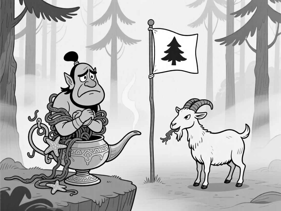 A grumpy genie squeezed uncomfortably into a tiny lamp, getting hopelessly knotted in kelp and starfish, set at the edge of a dense, misty pine forest. A stubborn goat chews on a nearby flag. The scene turns epic fantasy into pure charming comedy.