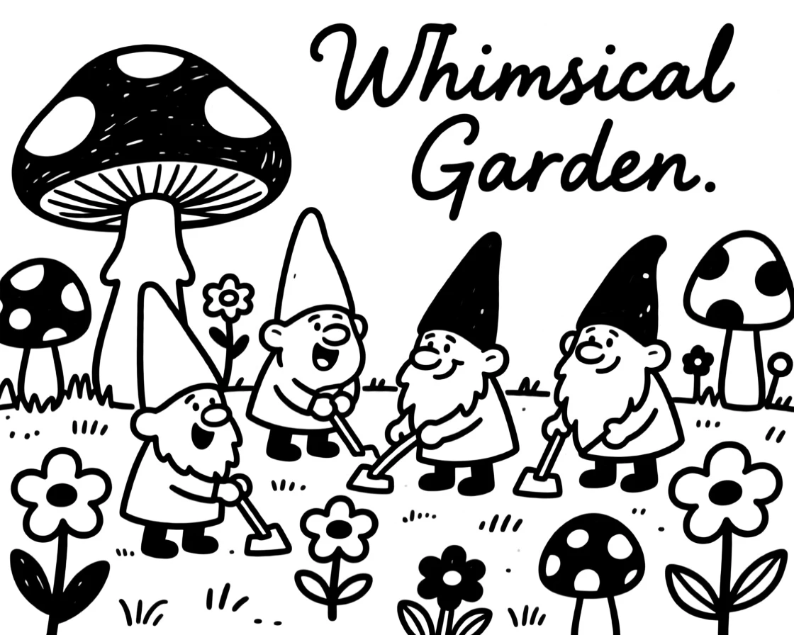 A group of gnomes tending a whimsical garden of oversized mushrooms and flowers.