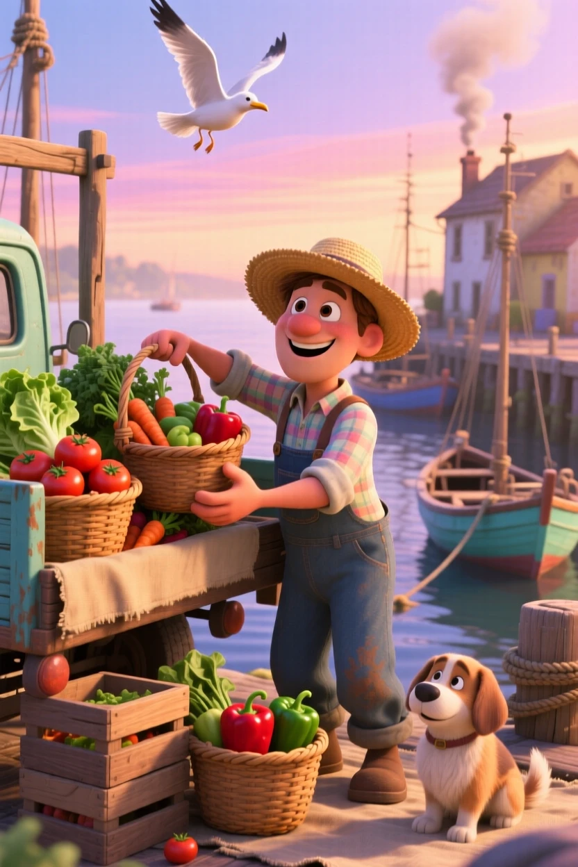 A farmer loading a truck with fresh vegetables is captured at a small fishing harbor at dawn, with baskets of fresh produce stacked neatly. A gentle, charming warmth fills this everyday moment.