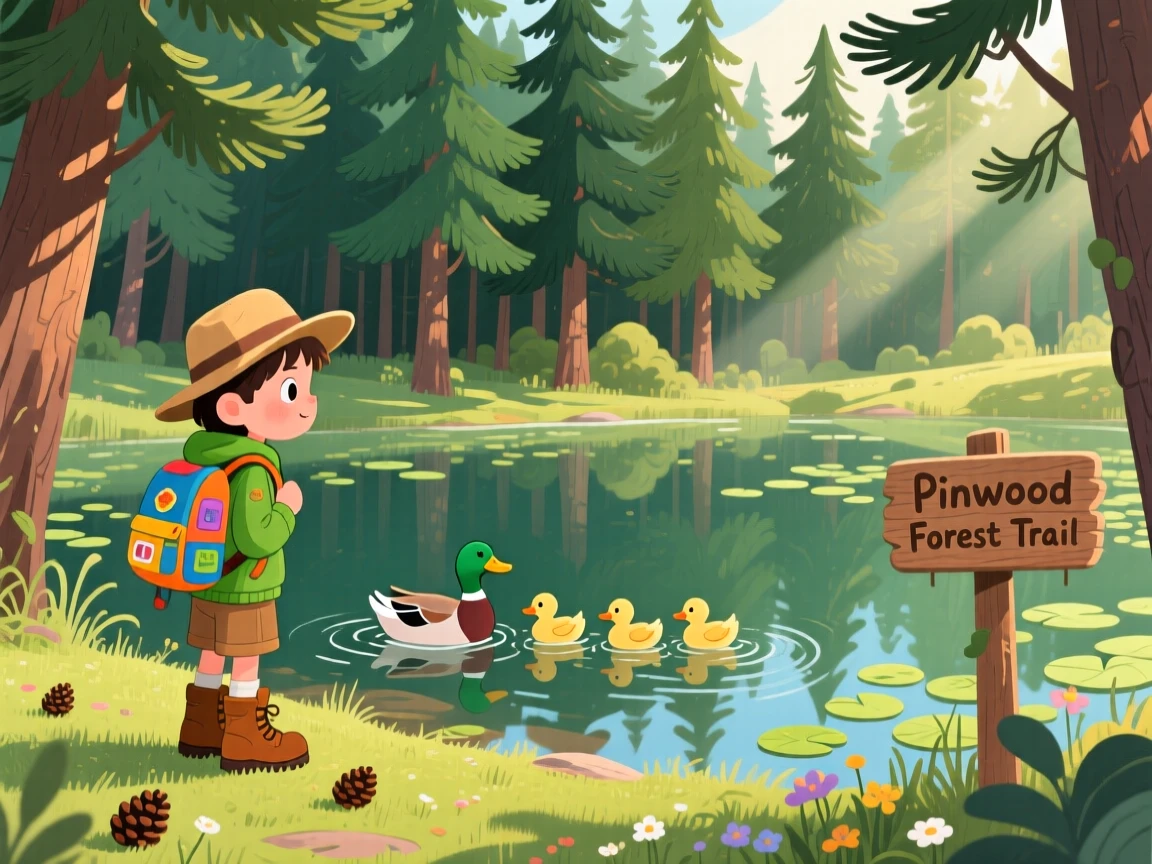 A young explorer with a backpack pauses while watching a family of ducks cross a pond in a dense pine forest, with the scent of pine drifting on the wind.