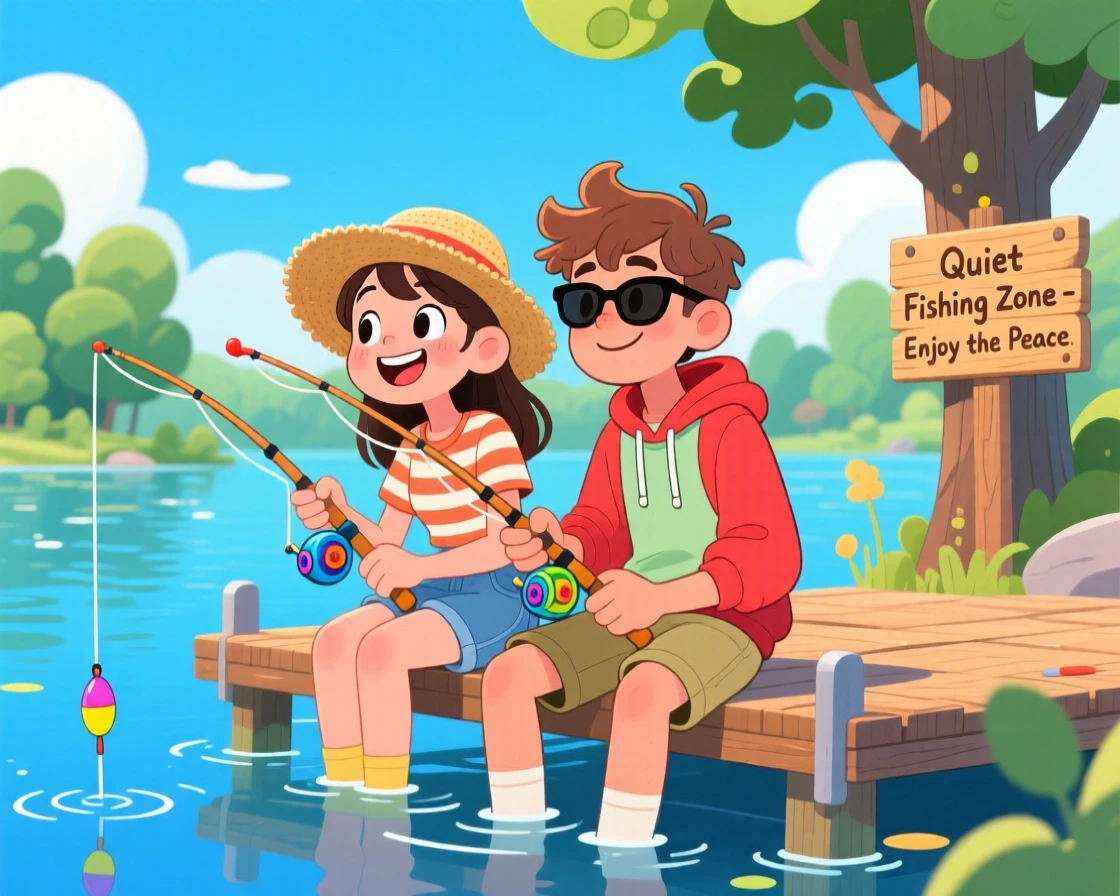 Two friends fishing together in comfortable silence at a lake.