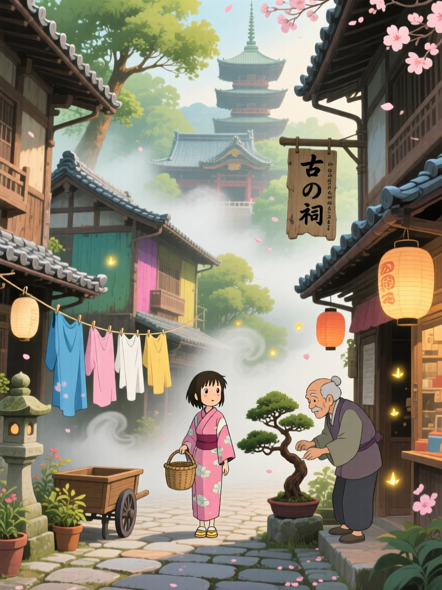 A scenic view of an ancient temple town wreathed in morning mist, with laundry strung between colorful buildings.