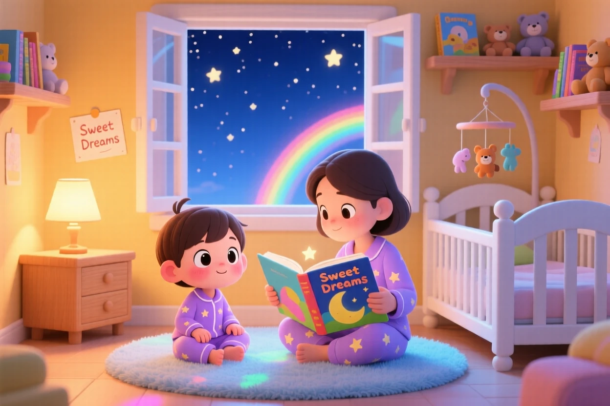 A child in pajamas listening to a bedtime story in a warmly lit nursery under a clear summer sky; bright rainbow-tinted light washes over the scene as curious excitement fills the moment. Wide establishing shot.