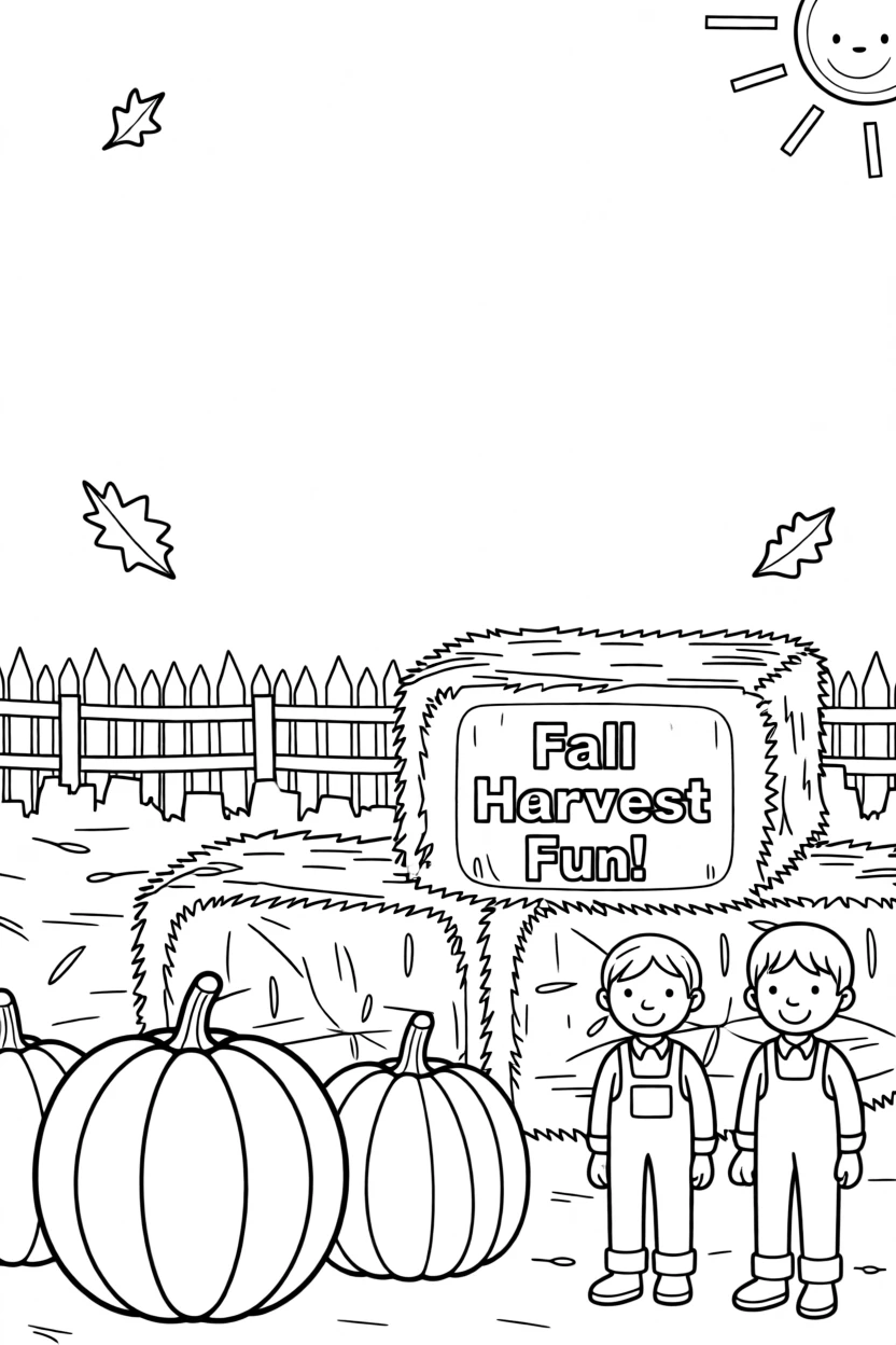 A fall harvest with pumpkins and hay bales in a farm field
