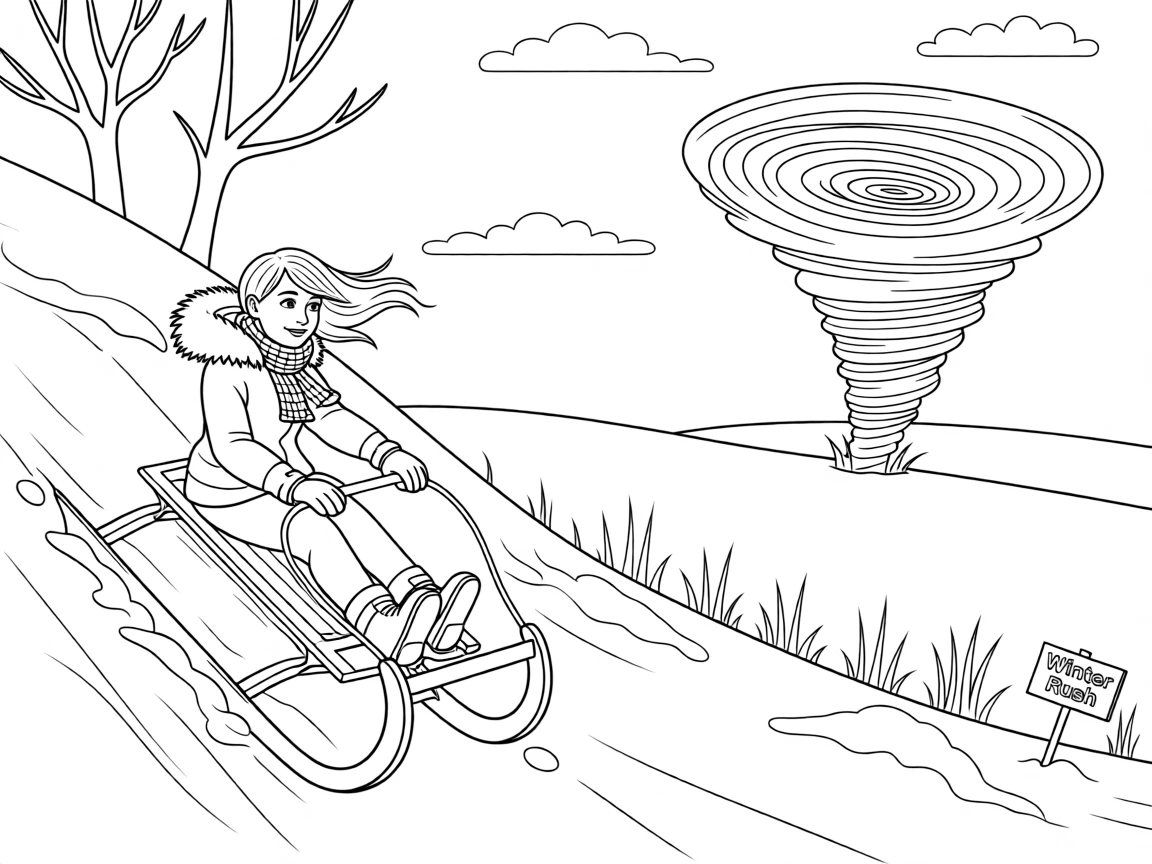 A sled racing down a snowy hill, a tornado forming on the horizon of an open prairie.
