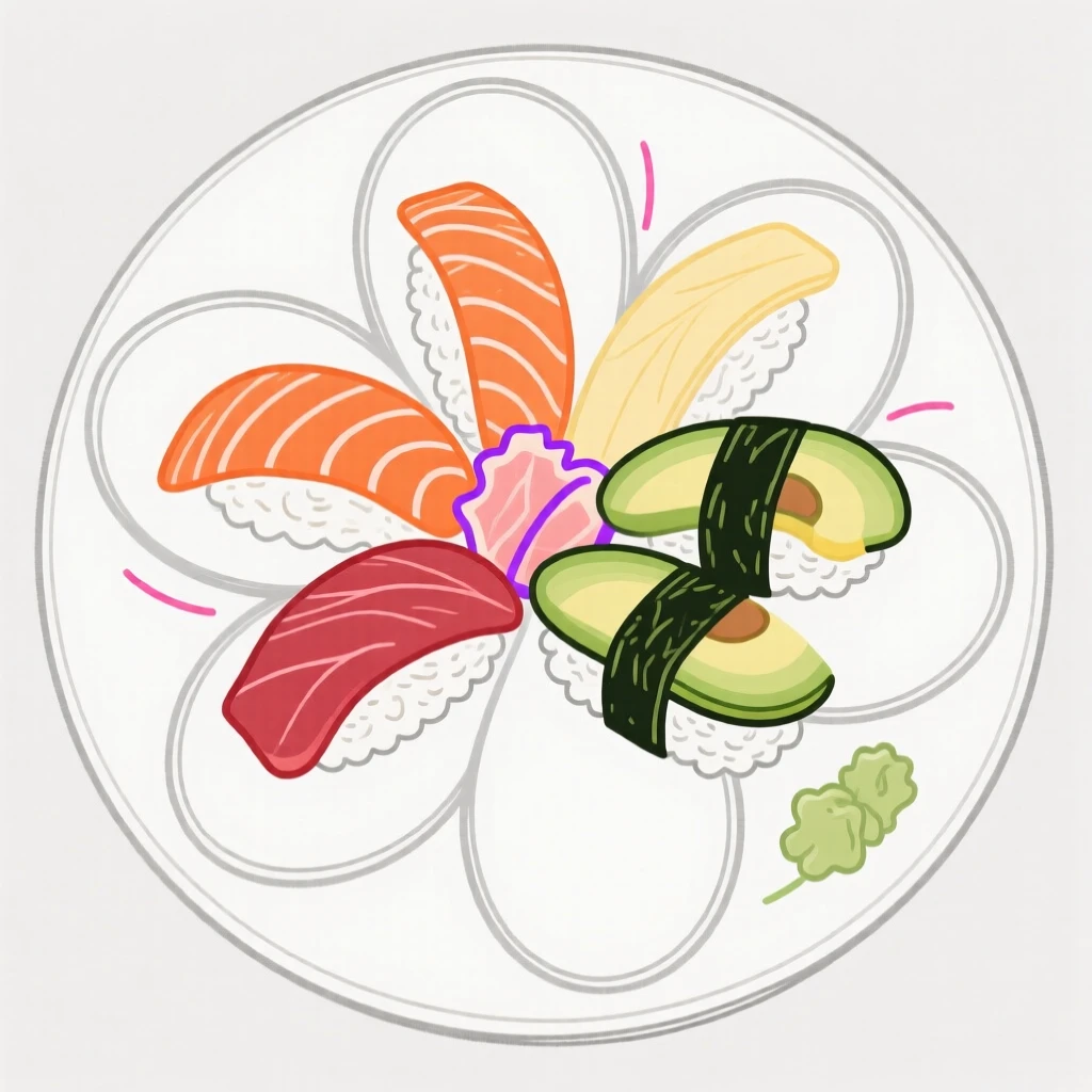 A plate of colorful sushi arranged like flower petals.