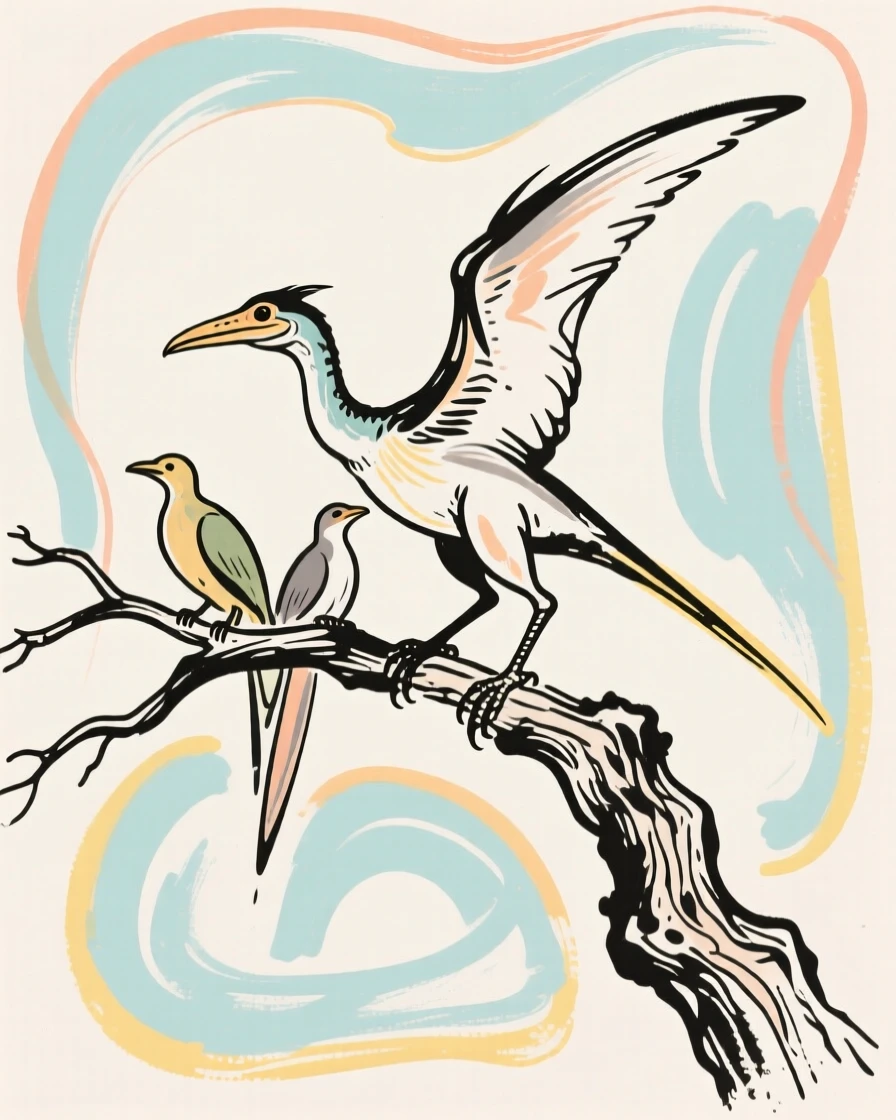 A group of Archaeopteryx perched on a branch preparing to glide.