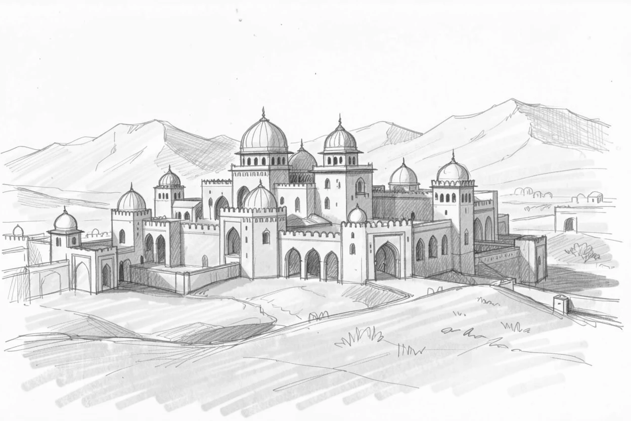 Sweeping architectural view of a sprawling desert palace, bathed in warm afternoon light, with distant mountains framing the skyline.
