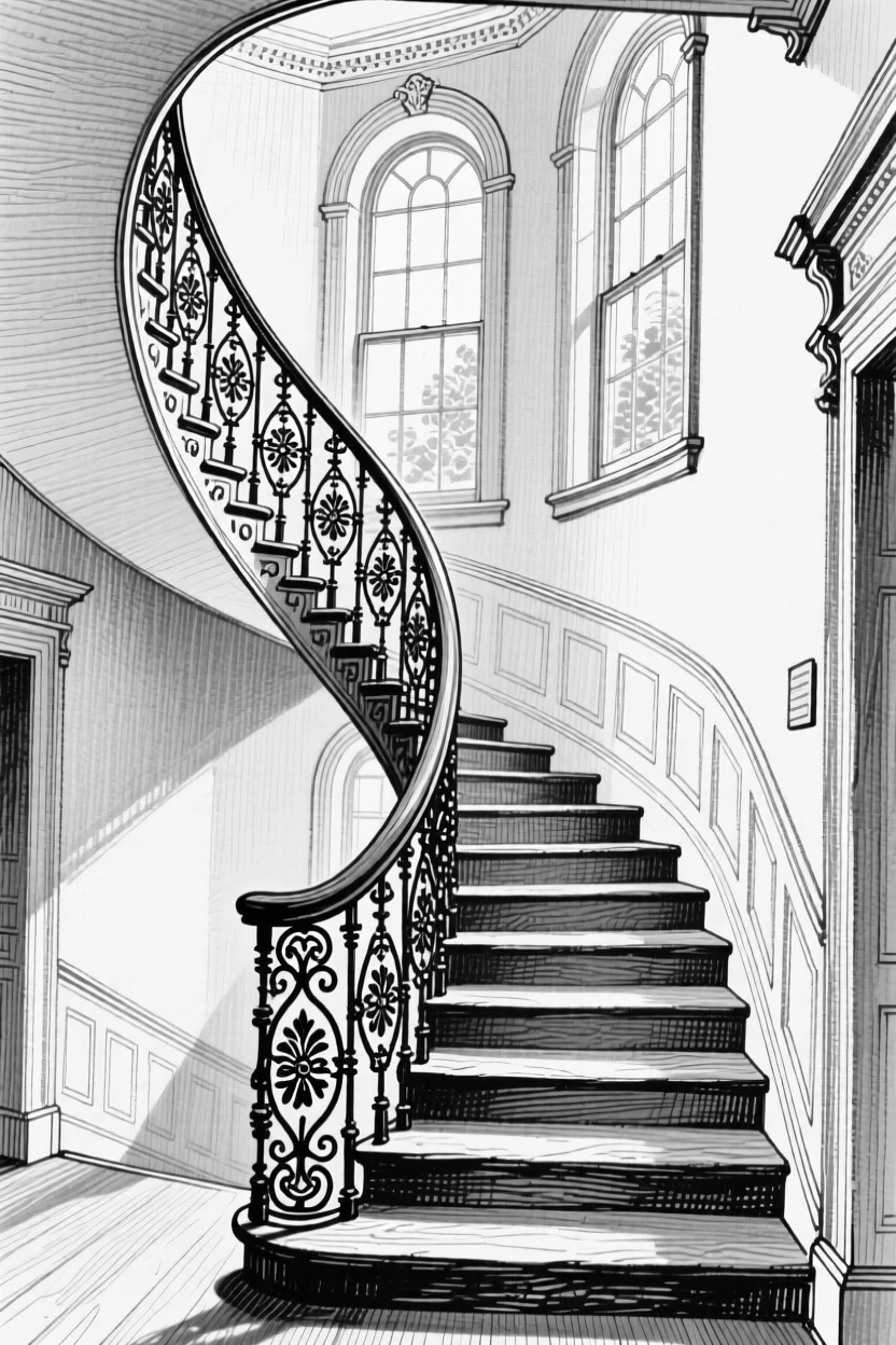 An elegant spiral staircase winding upward inside a historic mansion.