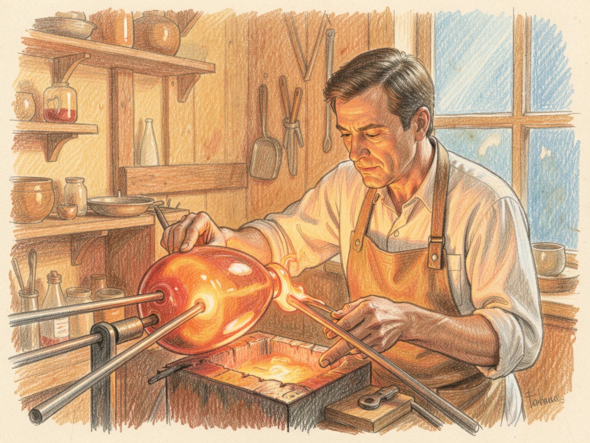 A glassblower shaping molten glass in a warm studio, with a calm, focused atmosphere throughout, celebrating the quiet joy of craftsmanship and passion.