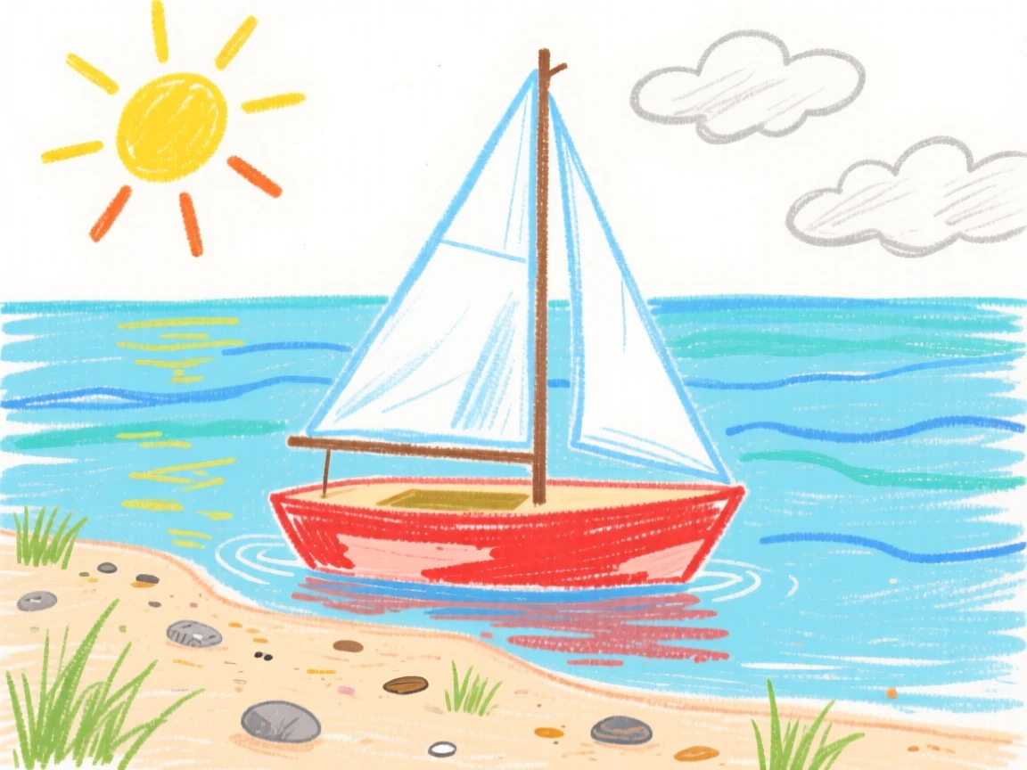 A small sailboat resting on the shore of a calm lake.