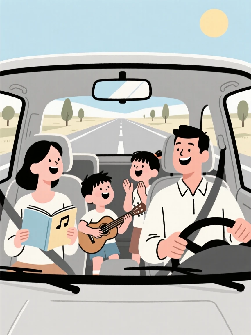 A family singing songs together during a road trip.