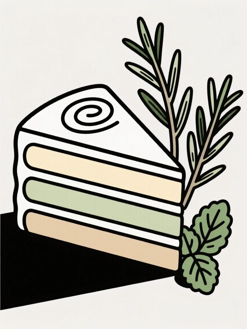 A close-up of slice of layered cake arranged beside fresh herbs in a bakery display counter, full of fresh vibrance.