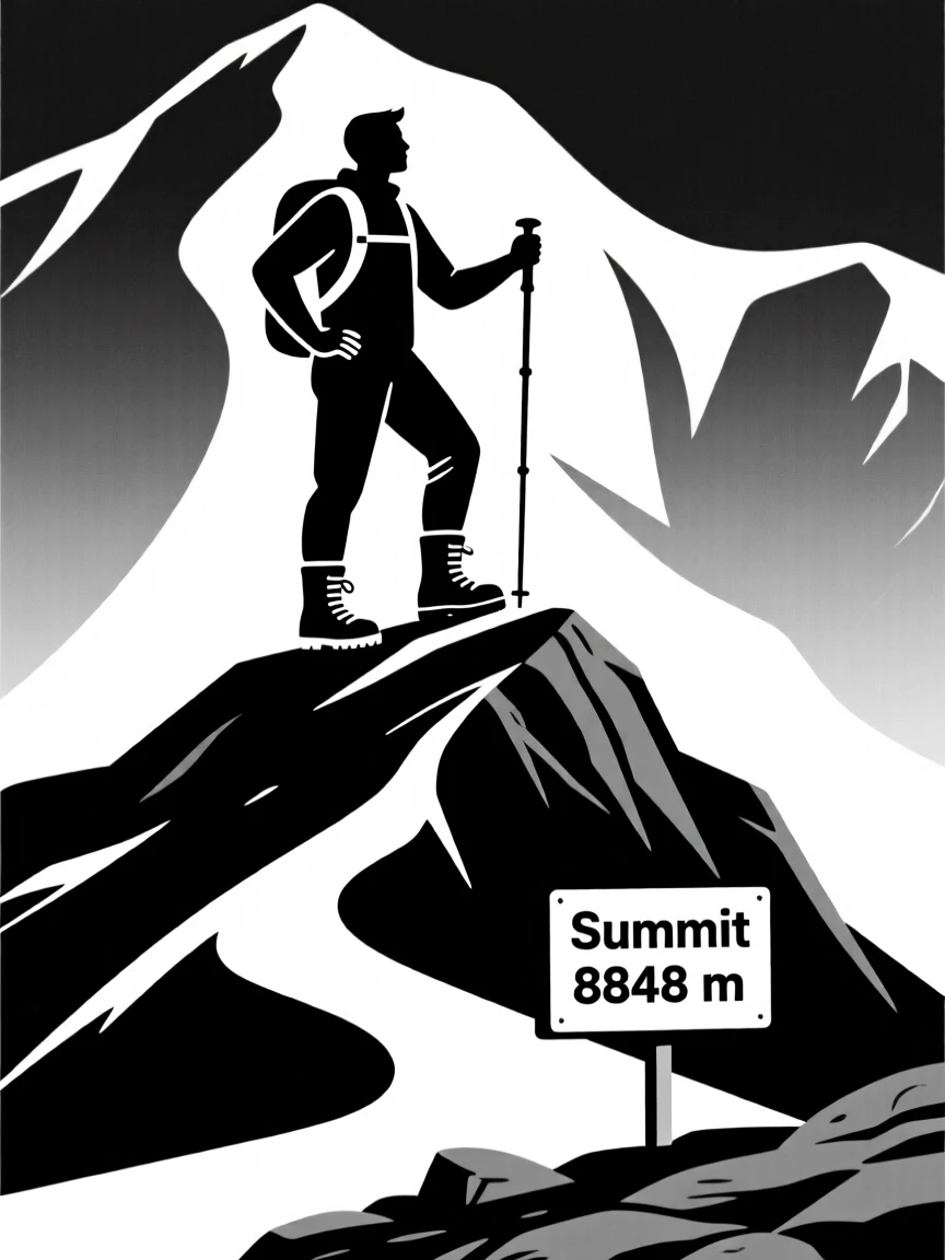 A hiker standing atop a mountain summit.
