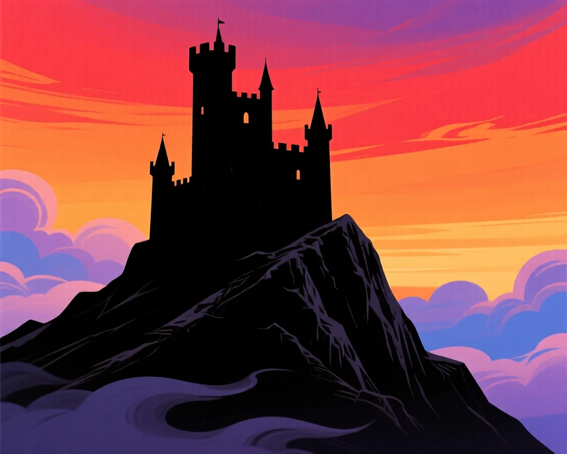 A medieval castle perched atop a steep hill, surrounded by low clouds.