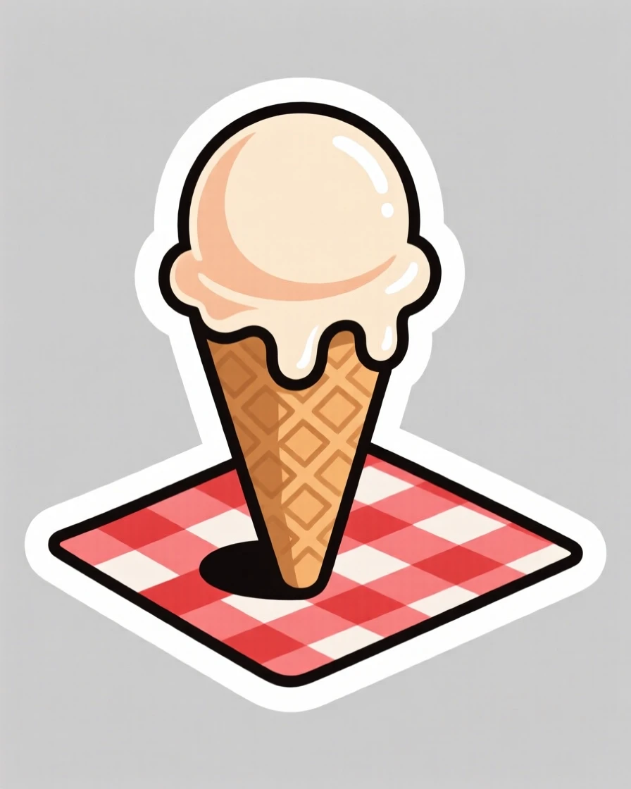 A delightfully sweet scoop of melting ice cream on a cone, glistening with a light glaze, on a checkered picnic blanket.