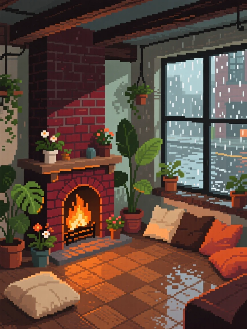 A fireplace corner surrounded by potted plants and soft cushions, in a loft apartment above a rainy street.