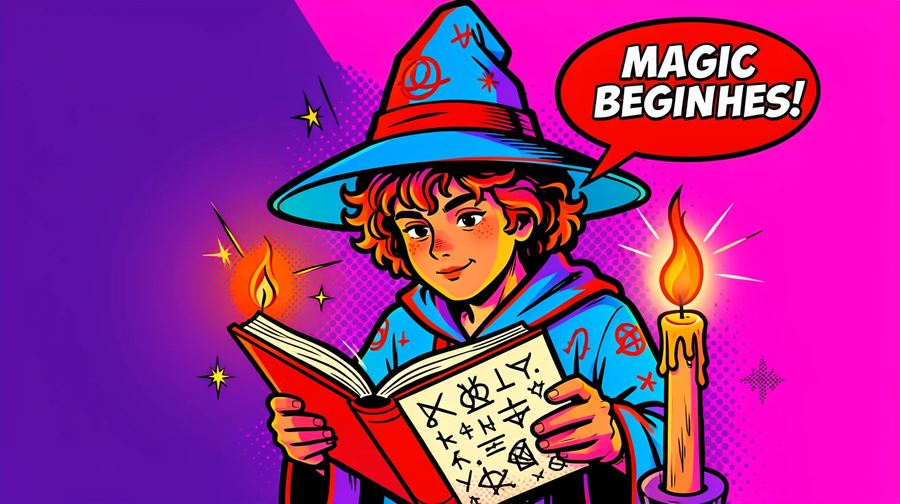 A young wizard reading a spellbook by candlelight