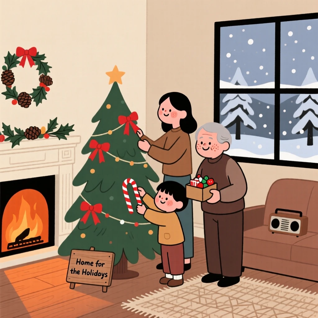 A family decorates a evergreen in the corner with ribbons and candy canes while a crackling fireplace and soft music plays softly and snow drifts silently outside the window.