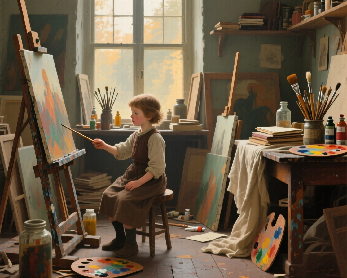 A centered composition of a small child inside a cluttered artist's studio, filled with tender affection, in early morning light.