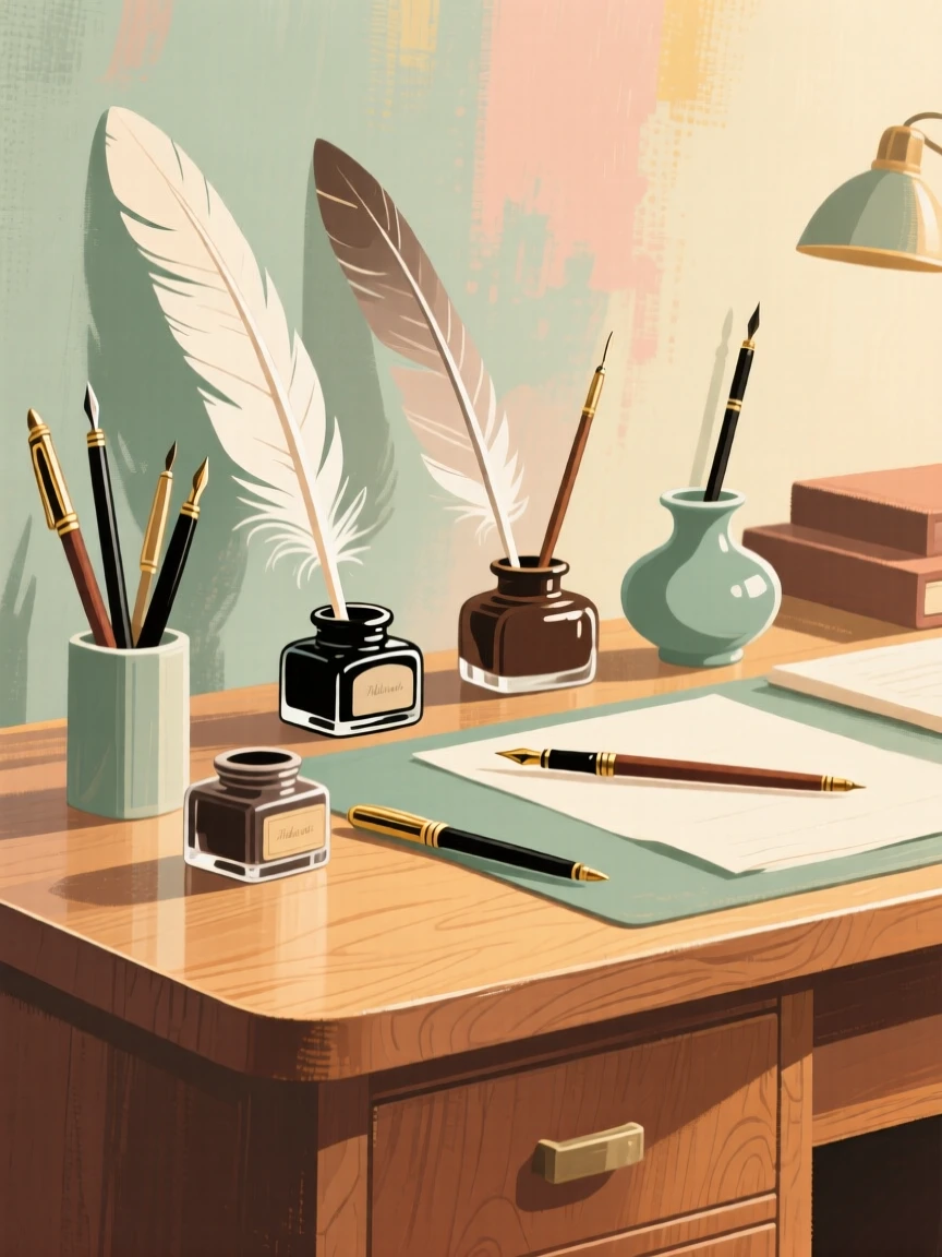 A collection of quill pens and inkwells on a wooden writing desk