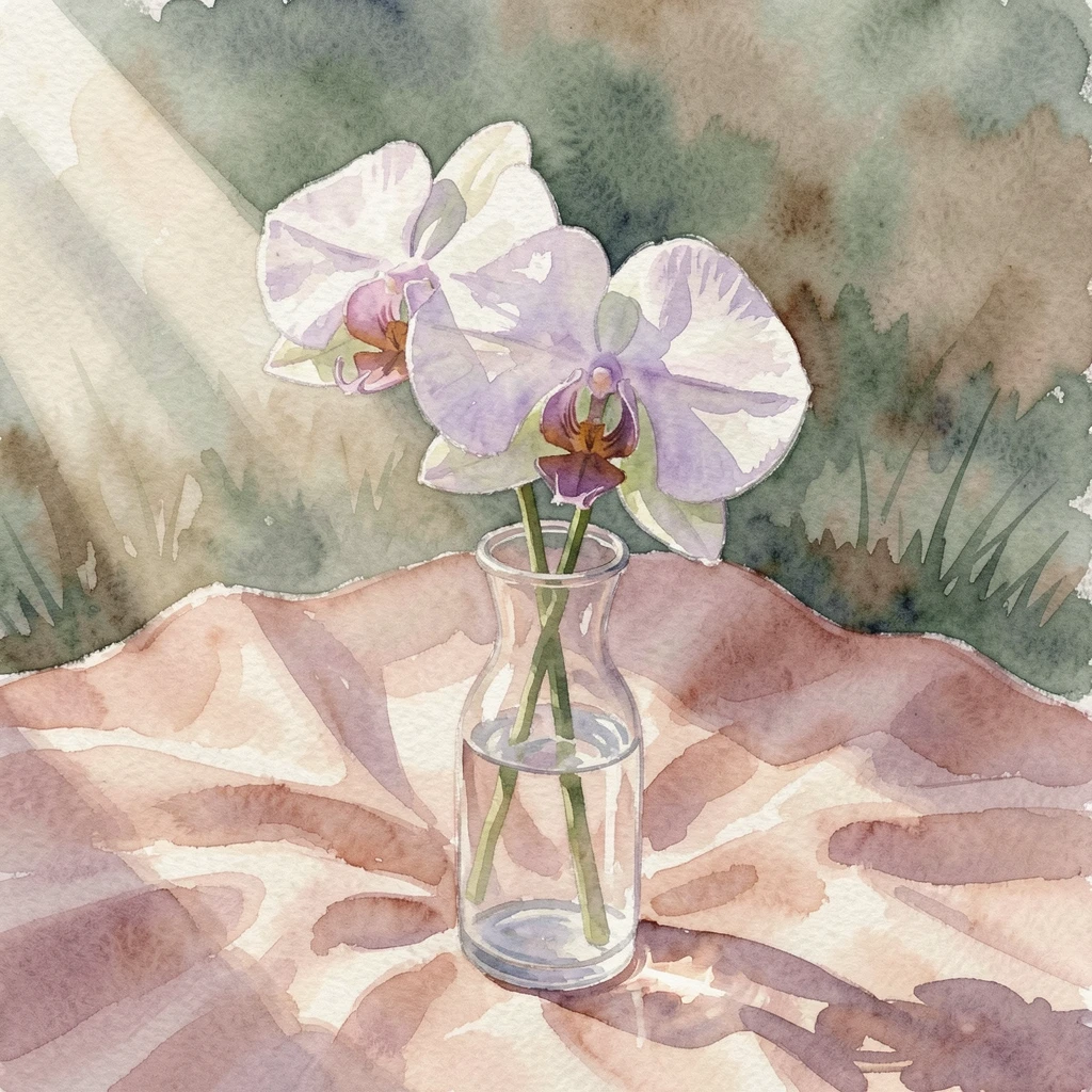 A single orchid in a slender vase on a picnic blanket with soft light streaming across the blooms.