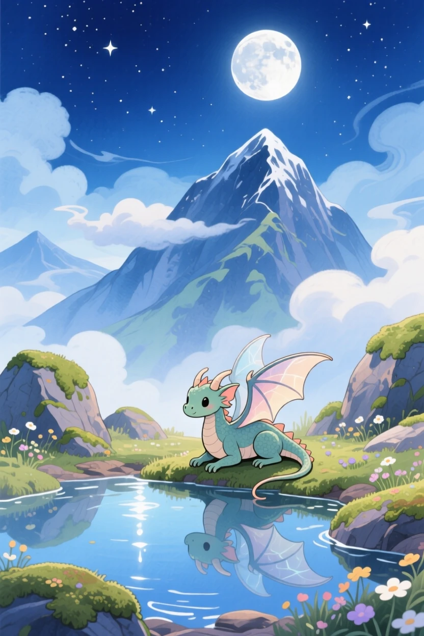 A tiny winged dragon resting beside a crystal-clear pond under moonlight, in a mystical mountain peak wrapped in clouds, filled with a sense of peaceful mysticism.