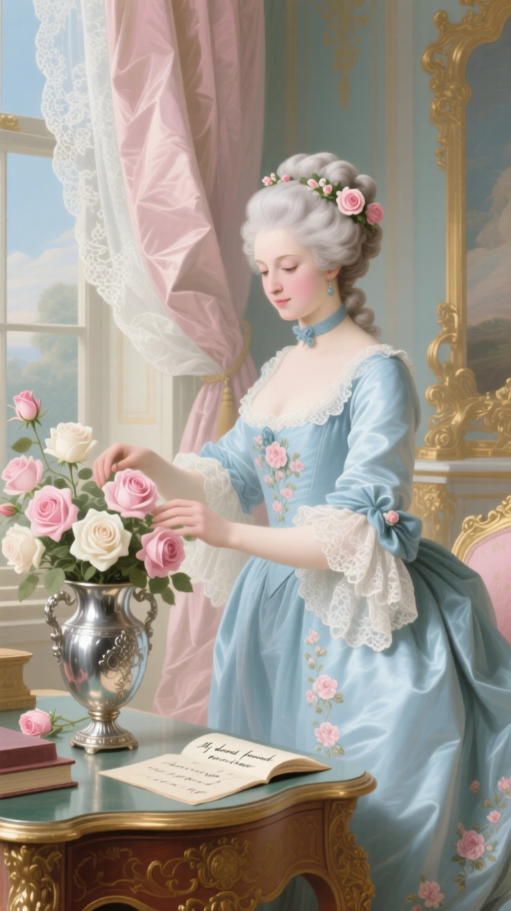 A duchess arranging roses in a silver vase on a writing desk  