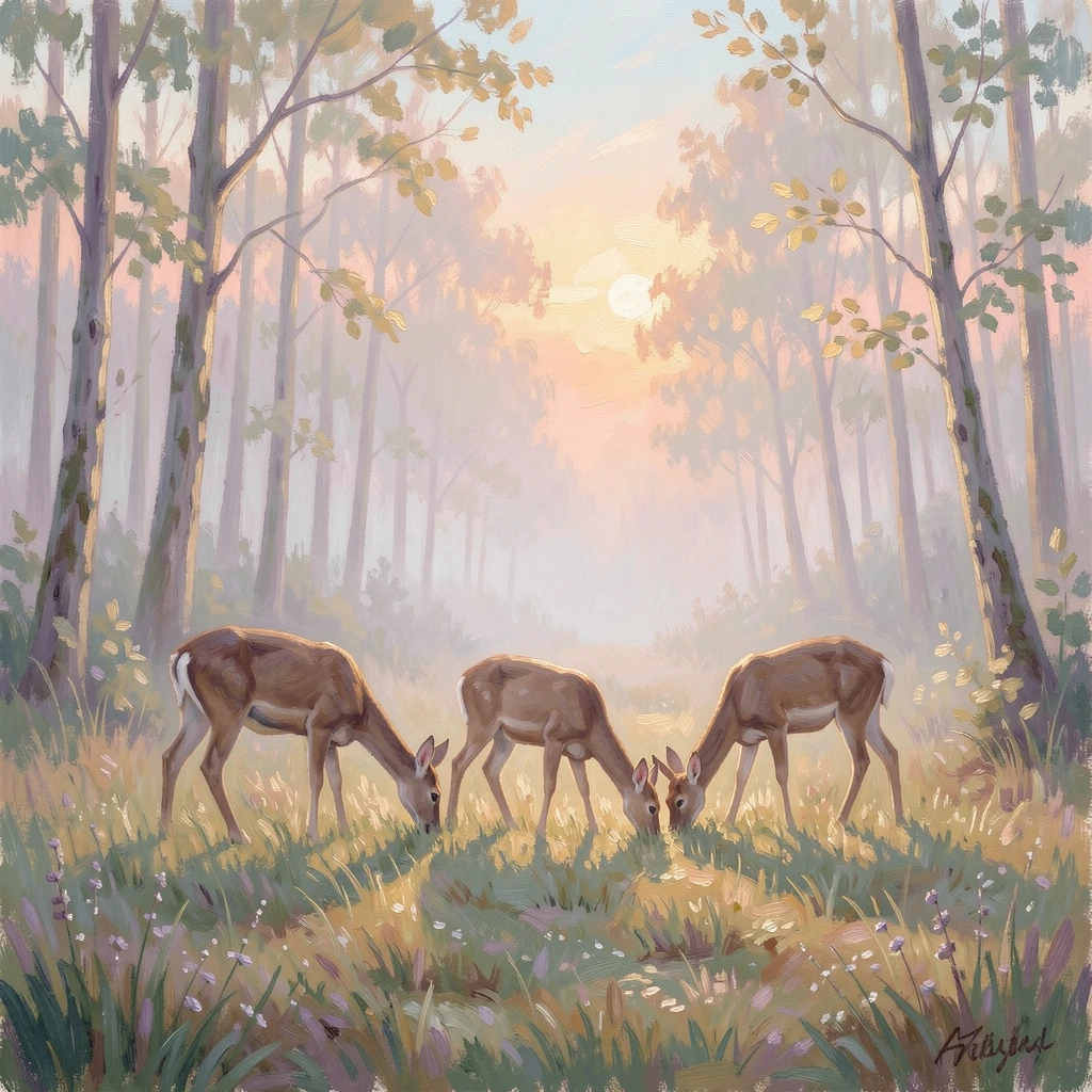 A family of deer grazing at the edge of a misty forest clearing as sunrise breaks through the trees.