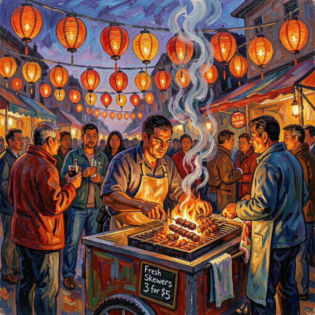 A street food vendor grilling skewers as customers gather under glowing paper lanterns.