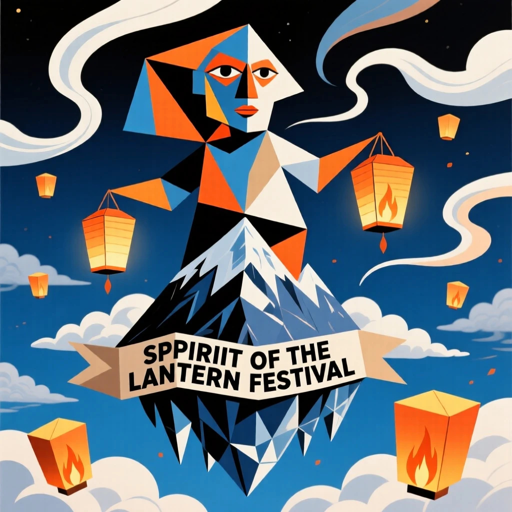 A magical scene of a floating lantern festival spirit atop a floating mountain wreathed in clouds.