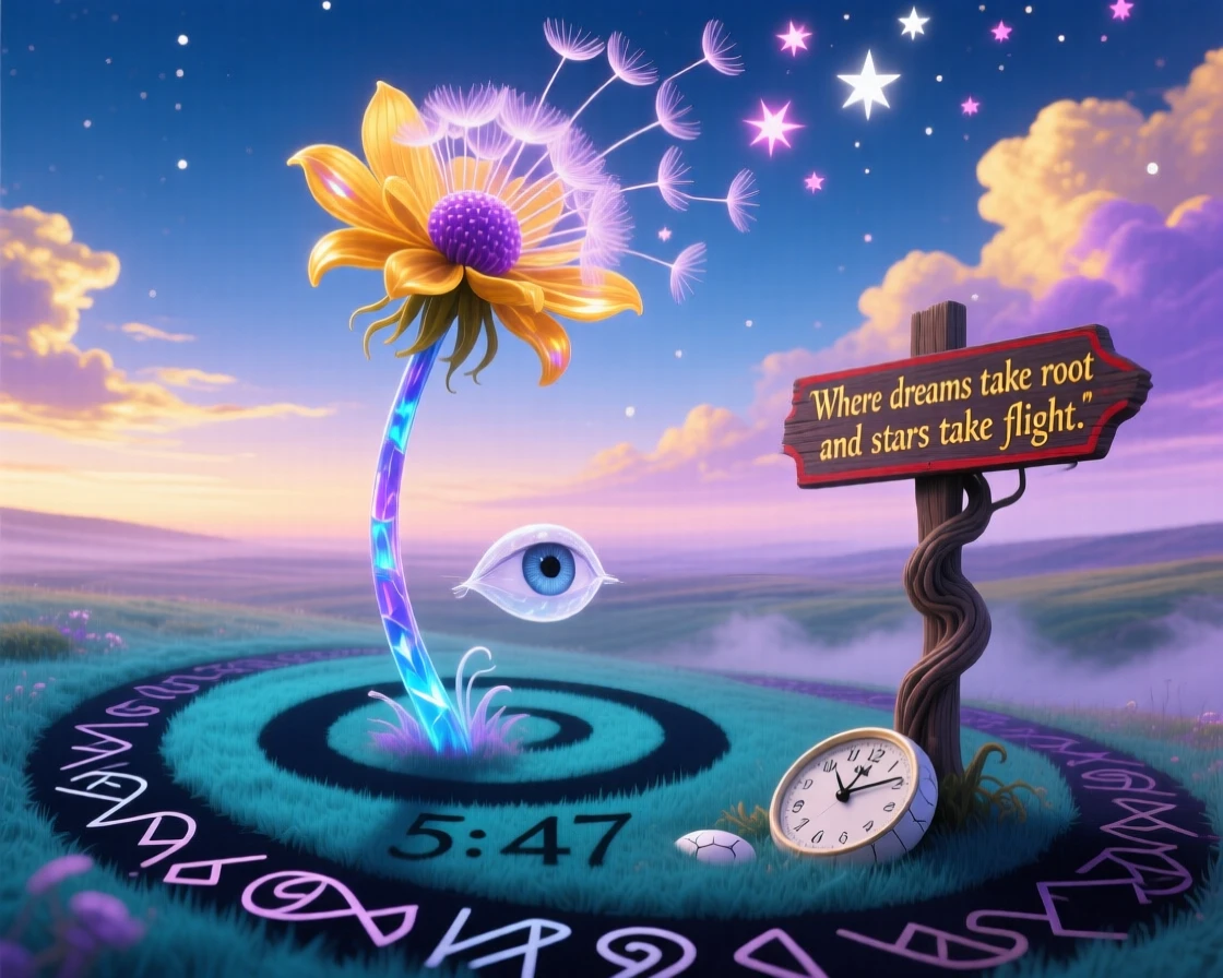 A single dandelion whose seeds drift upward into stars blooms slowly under the soft light of early dawn, as its shadow stretches into unexpected, curling shapes.