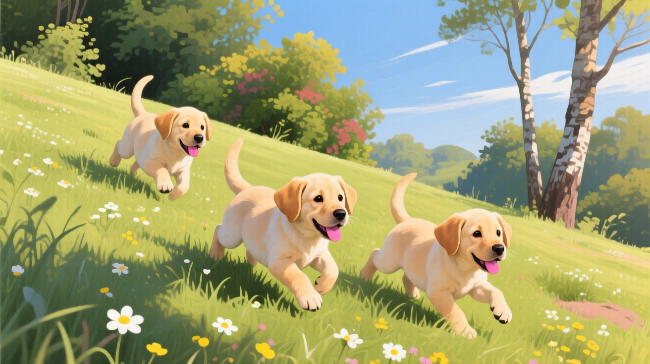 A playful litter of Labrador puppies tumbles down a grassy hill together, a blur of golden fur and wagging tails, nearby vegetation and terrain grounding the animal firmly within its natural environment.