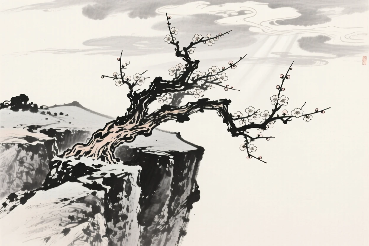 An old plum tree grows from a crack in a rocky cliff, blooming despite the cold, with soft light breaking through scattered clouds.