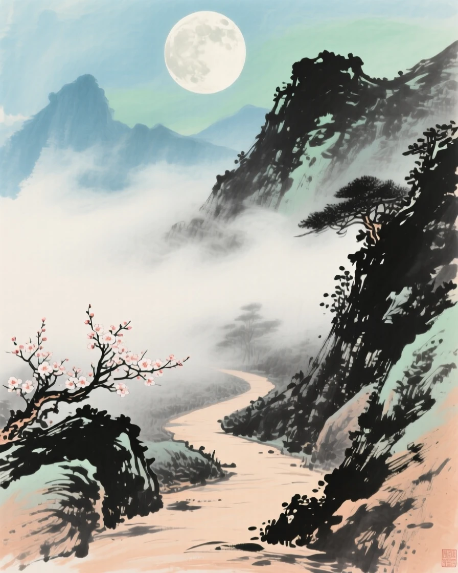 An empty mountain path disappearing into drifting fog, conveying a deep sense of harmony with nature, under a full moon, in a warm breeze carrying the scent of blossoms.